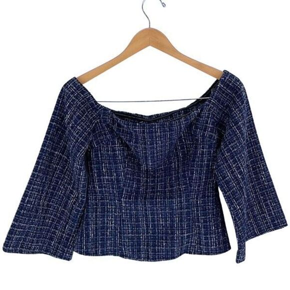 Zara Womens Tweed Off The Shoulder Square Neck Long Sleeve Top Blue Small NWT - Picture 2 of 10